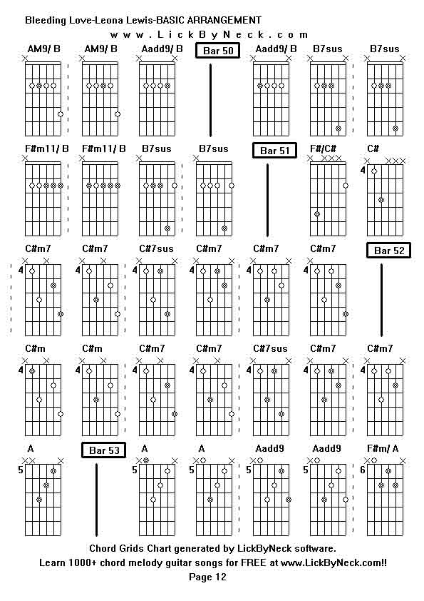 Chord Grids Chart of chord melody fingerstyle guitar song-Bleeding Love-Leona Lewis-BASIC ARRANGEMENT,generated by LickByNeck software.